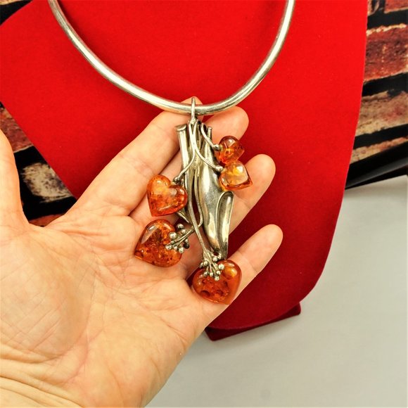 MASSIVE AMBER STERLING PENDANT & BROOCH WITH OMEGA WIRE NECKLACE, RARE JEWELRY - Picture 7 of 16